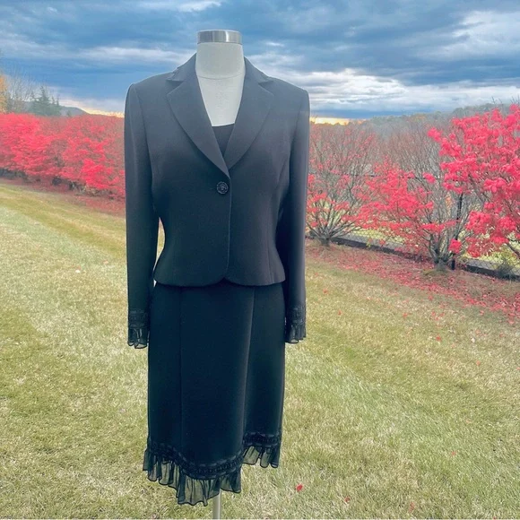 tahari arthur s levine black dress Sheer Lace Top A-line High Slit Black Prom Dress with Long Sleeves main image 1